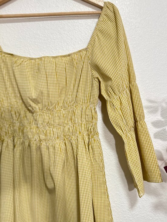LULUS Lunch Date Mustard Yellow Gingham Bell Sleeve Mini Dress Medium - Picture 2 of 8